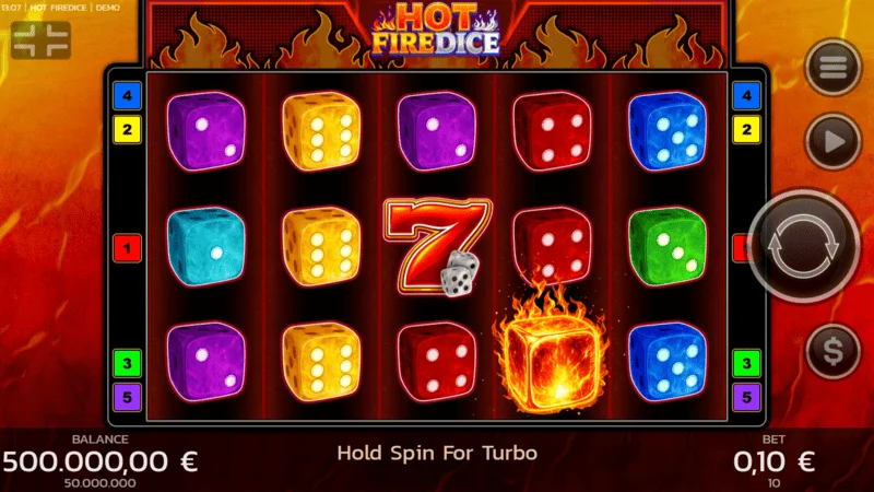 Hot Fire Dice – Spielbildschirm mit brennenden Siebenen